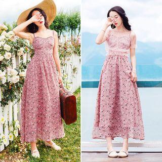 Set: Mesh Short-sleeve Top + Floral Print Strappy A-line Maxi Dress