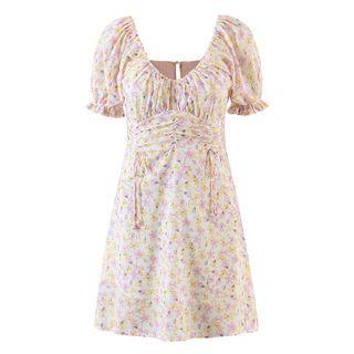 Puff-sleeve Floral Shirred Mini A-line Dress
