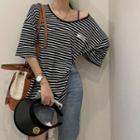 Short-sleeve Striped Slit T-shirt Stripe - One Size
