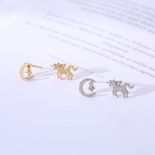 Non-matching 925 Sterling Silver Rhinestone Unicorn & Moon Earring