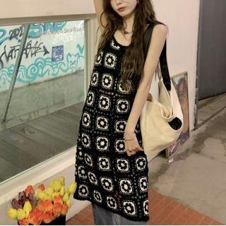 Sleeveless Crochet Midi A-line Dress Black - One Size