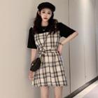 Mock Two-piece Short-sleeve Mini Plaid Dress As Shown In Figure - One Size