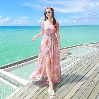 Off-shoulder Floral Slit-front Maxi Sundress