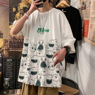 Elbow Sleeve Monster Print T-shirt