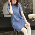 Short-sleeve Mock Neck Perforated Knit Top