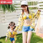Set: Two-tone Family Matching Bikini + Bow Print Hooded Jacket