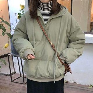 Mock Two-piece Turtleneck Striped Panel Padded Hoodie