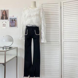 Fray Hem High Waist Straight Leg Jeans / Bell-sleeve Blouse / Set