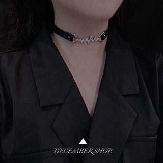 Rhinestone Faux Leather Choker Silver Rhinestone - Black - One Size