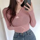 Long-sleeve V-neck Cutout Fitted Top