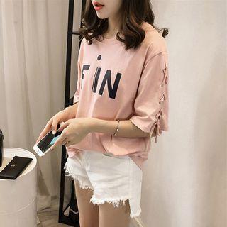 Lace-up Elbow-sleeve Lettering T-shirt