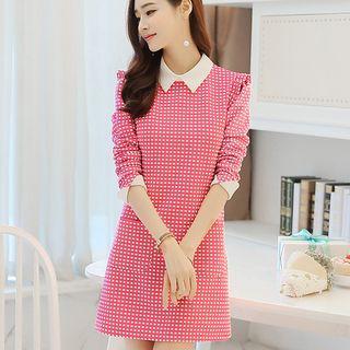 Contrast Trim Checked Long Sleeve Dress