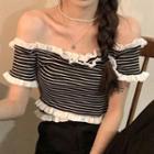 Off-shoulder Striped Cropped T-shirt Black & White - One Size