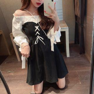 Long-sleeve Off-shoulder Lace-up A-line Mini Dress