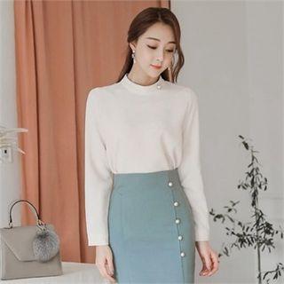 Mock-neck Faux-pearl Trim Blouse