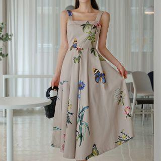 Spaghetti Strap Printed Open-back A-line Midi Dress