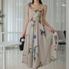 Spaghetti Strap Printed Open-back A-line Midi Dress