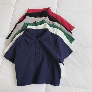 Short-sleeve Plain Crop Polo Shirt