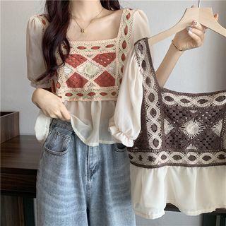 Short-sleeve Square-neck Flower Shirt