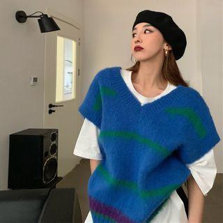 Plain Loose-fit Short-sleeve T-shirt / Striped Knit Vest / Boot-cut Pants