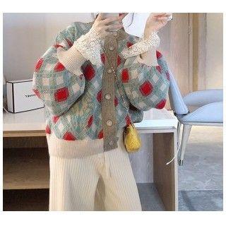 Argyle Cardigan / Lace Top / Wide-leg Pants / Set