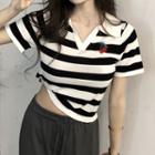 Short-sleeve Striped Chery Embroidered Polo Shirt Stripe - Black & White - One Size