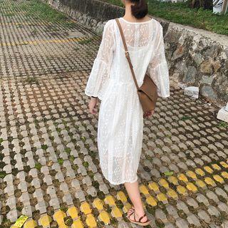 Set: 3/4-sleeve Embroidered Mesh Dress + Slipdress