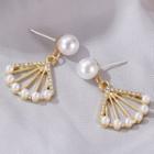 Rhinestone Faux Pearl Fan Dangle Earring 1 Pair - 01 - 5406 - Gold - One Size