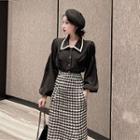Houndstooth Midi A-line Skirt / Lantern-sleeve Blouse