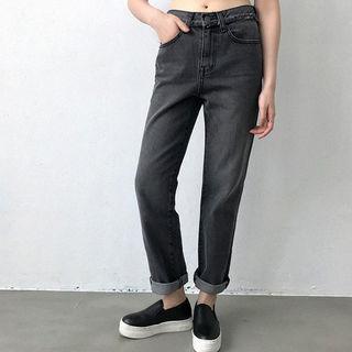 Fringe-trim Washed Straight-cut Jeans
