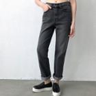 Fringe-trim Washed Straight-cut Jeans