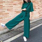 Plain Elbow-sleeve Wide Leg Jumpsuit