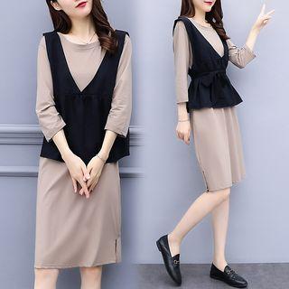 Set: Tie-waist Vest + 3/4 Sleeve T-shirt Dress