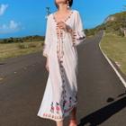 Long-sleeve Flower Embroidered Midi A-line Dress White - One Size