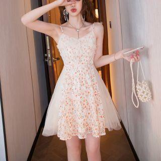 Spaghetti Strap Floral Mesh Panel Mini A-line Dress