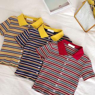 Color-block Striped Single-breasted Knit Top