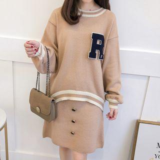 Set: Letter Applique Sweater + A-line Knitted Skirt