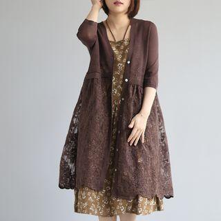 Elbow-sleeve Lace Paneled Knit Light Jacket
