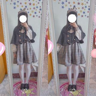 Set: Long-sleeve A-line Plaid Dress + Double Breasted Coat