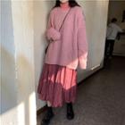 Turtleneck Long-sleeve T-shirt / Distressed Oversize Sweater / Midi A-line Skirt