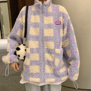 Stand-collar Plaid Fleece Jacket