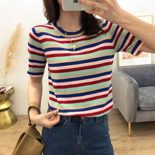 Striped Crew-neck Short-sleeve Knit Top