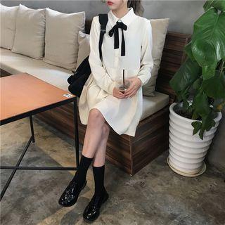 Contrast Lace-up Long Sleeve Shirtdress Almond - One Size
