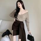 Off-shoulder Knit Sweater / Lace-up Skirt