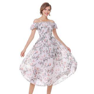 Floral Print Off Shoulder Short Sleeve Midi Dress