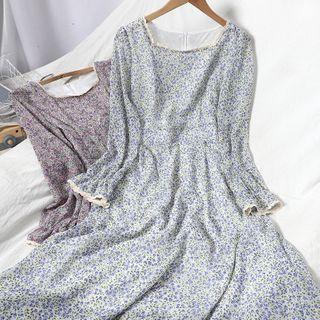 Square-neck Lace Trim Floral Midi A-line Dress