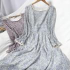 Square-neck Lace Trim Floral Midi A-line Dress