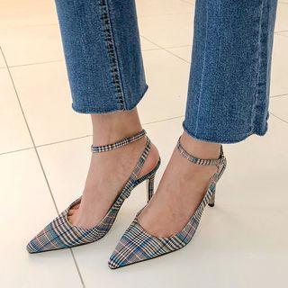 Plaid Ankle-strap Pointy Stilettos