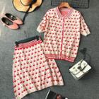 Set: Short-sleeve Heart Print Knit Buttoned Jacket + A-line Skirt