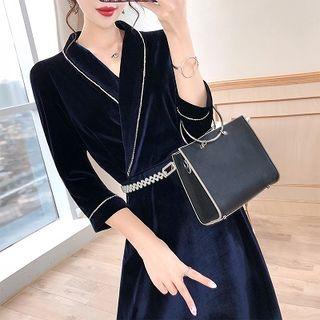 V-neck Velvet 3/4-sleeve A-line Dress